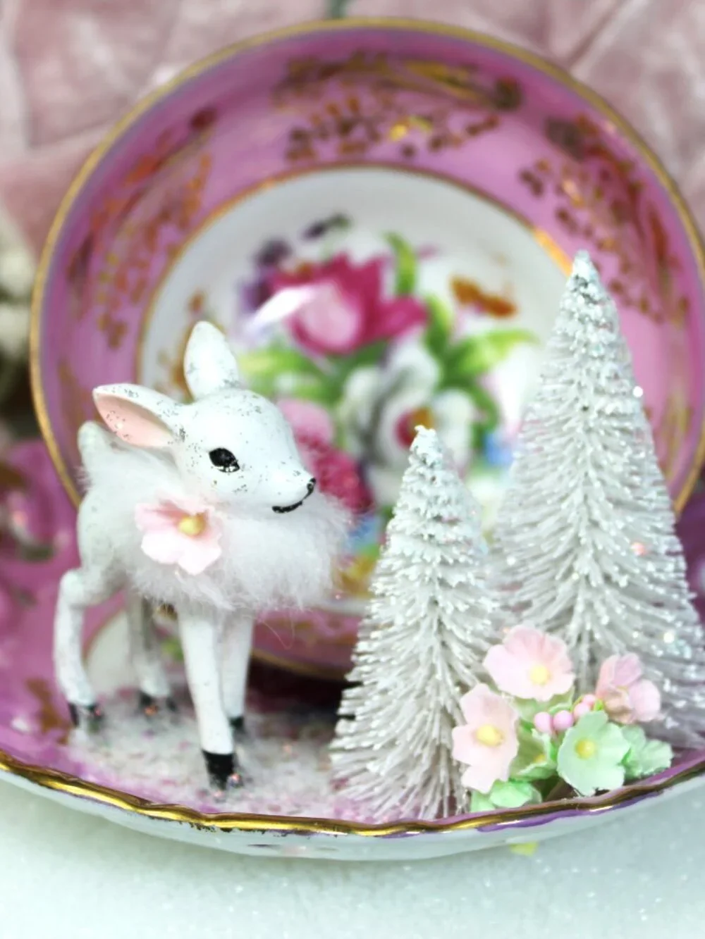 Vintage Christmas Deer, Bottle Brush Trees, Pinkmas, Royal Sealy Teacup, Shabby